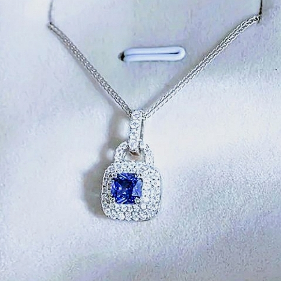 925 Sterling Silver Lab Grown Blue Sapphire Lock Pendant Necklace - Picture 2 of 6